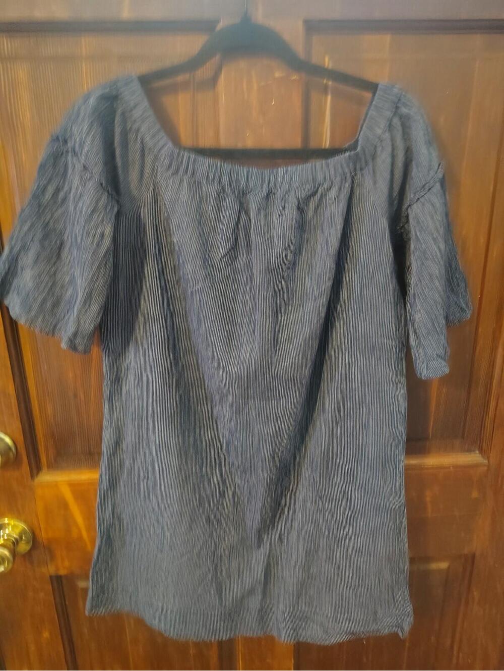Madewell Size M Off The Shoulder Navy W/thin Stripe Dress Short Bell Sleeve